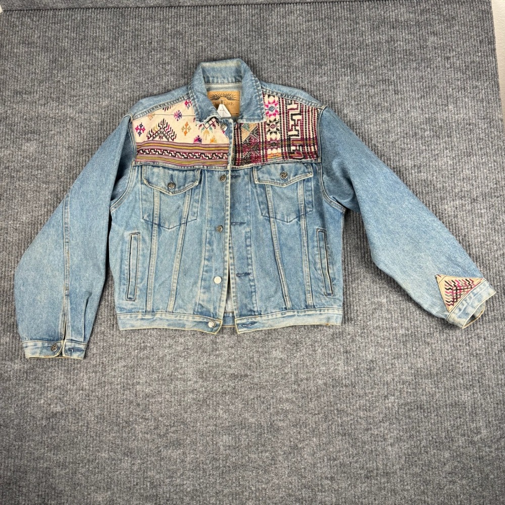 Vtg CULTURE on denim Jean Trucker Jacket Womens M Guatemalan Woven Textile Boho - Picture 2 of 16